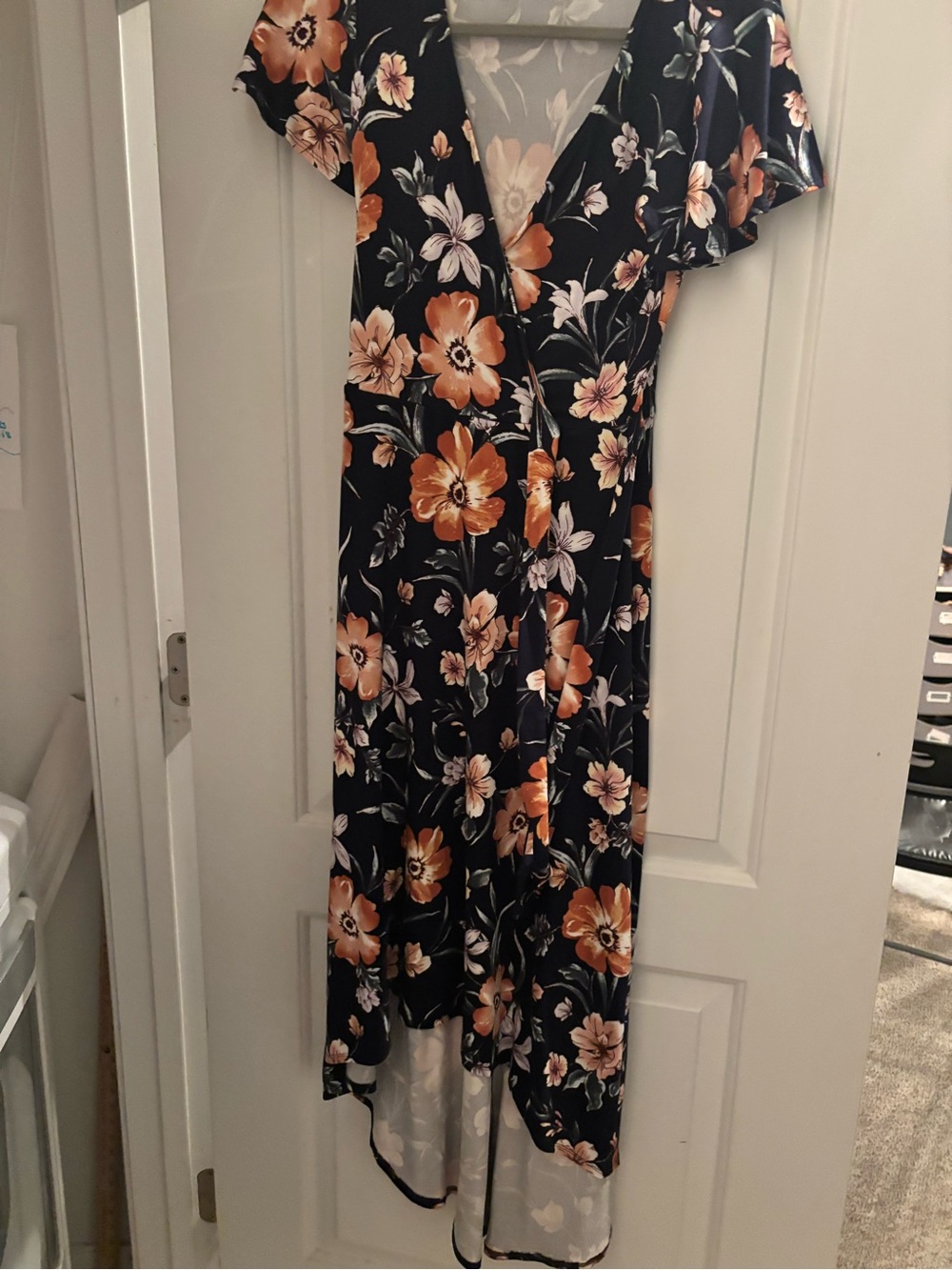 Black Floral High-Low Wrap Dress with Orange Blooms